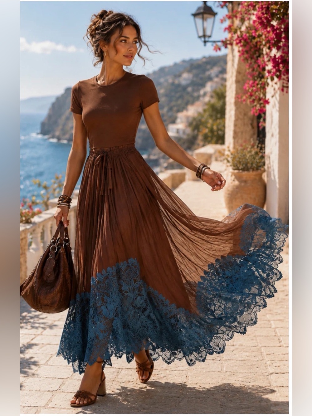 Brown & Blue Lace-Hem Maxi Skirt